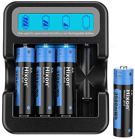 Hixon Wiederaufladbare 1,5V AA Lithium Akku, 3500 mWh mit 1600 Langen Zyklen, 2,0 Stunden Schnellladung, 4 Stück Lithium 1,5V AA Akku und Schwarzem Smart LCD-Display Ladegerät