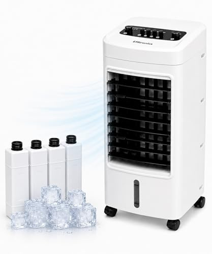 EMtronics Evaporative Air Cooler, Fan and Humidifier, Manual 3 Speed Settings, 4 Litre Water Tank, Portable 75W with 4 x Ice Packs - White