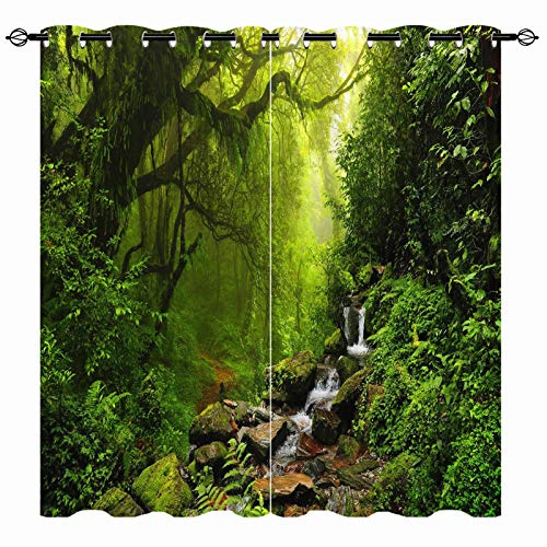 YUANZU Natur Vorhänge Wald Grünes Dschungel Wasserfall Ösen Gardinen mit Blickdichte Thermo Vorhang Kälteschutz Blackout Curtain Wohnzimmer Schlafzimmer Verdunkelung Fenster, 2 Stück, H 260 x B 140 cm