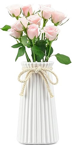 JTOOYS White Ceramic Ribbed Vases, Minimalist Modern Home Decor, Dried Flower Vase, 19.5cm