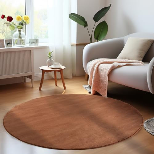 HomebyHome Waschbarer Teppich Rund 120 cm Braun Einfarbig Kurzflor Modern Weich rutschfest Pflegeleicht Maschinenwaschbar für Wohnzimmer Schlafzimmer Esszimmer