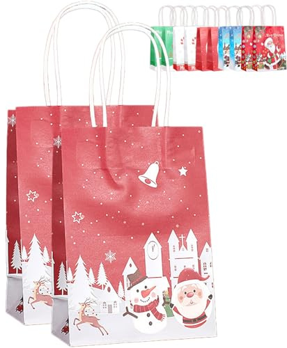 BOOSHMall Weihnachten Geschenktaschen, 12 Stück Weihnachtstaschen, Weihnachtstüten mit Griffen, Papiertüten Weihnachten Geschenktüten für Party Geschenkverpackung, Klein,15x21x8cm