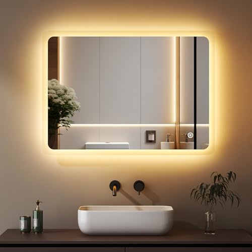 Boromal LED Badspiegel mit Beleuchtung 80x60cm Badezimmerspiegel 3 Lichtfarbe Dimmbar 3000-6500K 2880LM Kaltweiß Neutral Warmweiß Wandspiegel Lichtspiegel LED Spiegel mit Touch Schalter