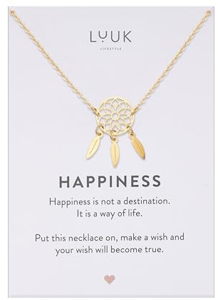 LUUK LIFESTYLE Collier en acier inoxydable avec pendentif attrape-rêves et plumes, carte HAPPINESS, symbole de protection indien, longueur réglable 50cm, or