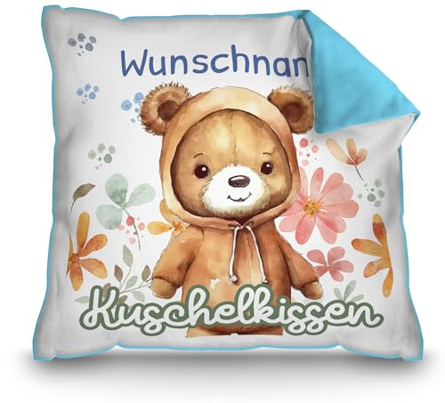 Print Royal PR Personalisiertes Kuschel-Kissen für Kinder mit Füllung - mit Name selbst gestalten - Bär Kissen für Mädchen und Jungs, Kinderkissen mit Name | 40 x 40 cm, Rückseite Hellblau