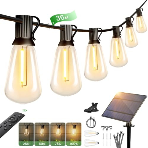 Torkase Cadena de luces solares para exteriores, 120 pies / 36 m, ST38, guirnalda de luces con 50 + 2 bombillas LED de plástico, carga solar, 4 modos, impermeable, para jardín, terraza, boda, fiesta,
