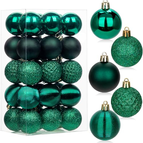 5CM Weihnachtskugeln Ornamente Glitze, 30 PCS bruchsicher Weihnachten Kugeln, Kunststoff Weihnachten Kugeln, Hängen Christbaumkugel Dunkelgrün fur Weihnachtsbaum Neujahr Ornamente