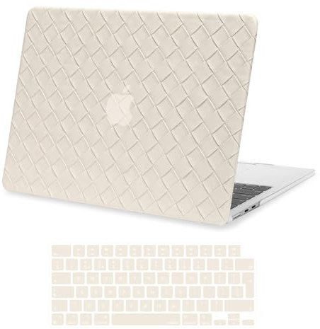 MOSISO Hülle Kompatibel mit MacBook Air 13,6 Zoll 2022-2024 M3 A3113 M2 A2681 Touch ID, Anti-Fingerprint Kariert Weben Textur PU Leder Coated Plastik Hartschale Schutzhülle&Tastaturabdeckung, Beige