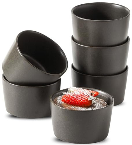 Tikooere Ramekins 4 oz, Oven Safe Soufflé Dishes for Creme Brulee, Souffle, Pudding, Lava Cake, Stoneware Custard Cups for Baking, Ceramic Sauce Bowls Set of 6, Kitchen Decor Gift, Matte Black