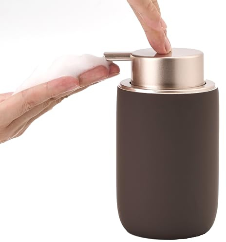 GIRLUFO Schaumseifenspender aus Keramik mit Kunststoffpumpe, 340 ml, Badezimmer-Seifenspender, Küchenschaumseifenspender, brauner Handseifenspender (Gummifarbe)