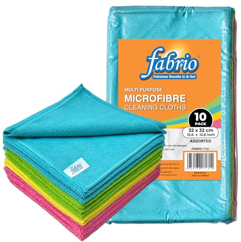 FABRIO Microfibre Cloth for Car & Home, 10 Pack, 32x32cm, Assorted | Lint free cloth and cleaning cloths with high absorbency for dust, dirt and moisture removal across car, kitchen and home.