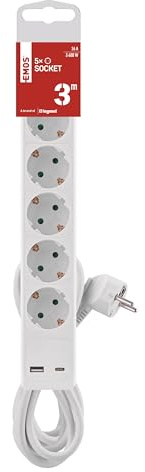 EMOS grenuttag 5-vägs med USB-laddning, flera uttag med strömbrytare för inomhus, väggmontering, 5 x uttag, 1 x USB C, 1 x USB A, 3 m kabel, vit
