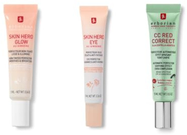 Erborian – Set mit 3 Produkten: 1 CC Red Correct Anti-Redness Getönte Creme – Grün + 1 Untinted Skin Perfecting Facial – Pink + 1 Untinted Eye Perfector – Nude – Korean Cosmetics