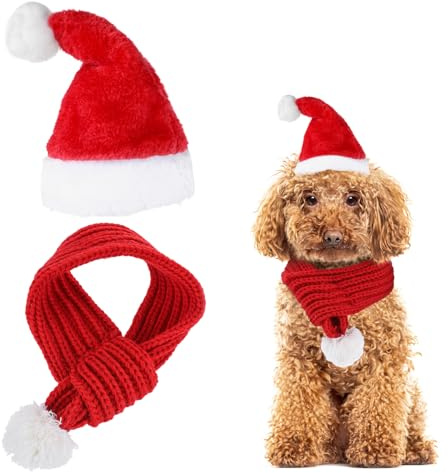 2 Stück Katzen Hunde Weihnachtskostüm Weihnachtsmütze Winter-Halswärmerschal für Hunde mit Schal,Katzenkostüm für Katzen Katzenkostüm für Kleine Hunde Katze-S