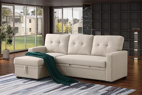 ERYE 82-inch Pull Out Sleeper Couch Bed, L-Shaped Reversible Sleeper Sectional Sofa Linen Blend Tufted Upholstered Corner Convertible Sofa Bed with Storage Chaise