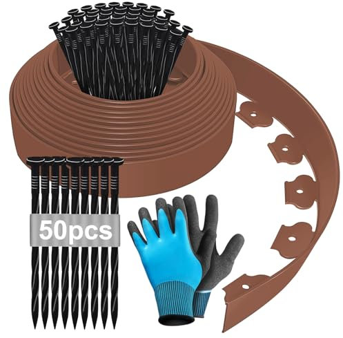 Bordura per Aiuola, Bordura per Giardino 10m x10cm, Bordature da Giardino, Bordure per Aiuole, Bordo per Aiuole, Bordatura Aiuole Giardino, Bordo Giardino Flessibile con Guanti e 50 Unghie - Marrone