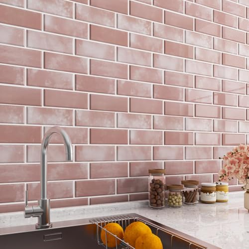 LaCheery 18 Piezas Azulejos Adhesivos Baño Rosa Pálido Baldosas Adhesivas 3D Ladrillo 30.5cm x 30.5cm Azulejos Adhesivos Cocina PVC Impermeable Baldosas de Revestimiento de Paredes Cocina Decorativos
