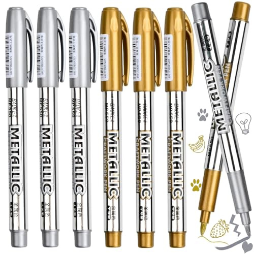 agogue 6 Stück Gold- und Silberstift Glänzende Highlight Marker Stifte, Silberstift Dünn Glänzende Highlight Marker Stifte für Kartenherstellung, Acrylmarker, Malerei