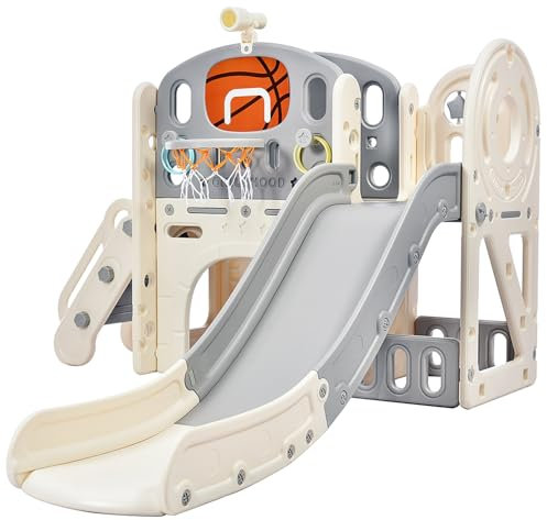 Chinimon Kombi-Rutsche für Kinder, Kinderrutsche Indoor, Kinder Spielplatz mit Langer Rutsche, Aufbewahrungsbox, Tunnel, Treppenleiter, Basketballkorb und Durchgangsbereich, Gartenrutsche(Grau)