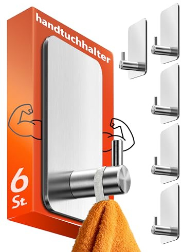 Menz Handdukshållare utan borrning, 6 st – Extra starka självhäftande krokar i rostfritt stål, vattentäta självhäftande väggkrokar, eleganta självhäftande krokar, handdukskrokar för badrum, toalett