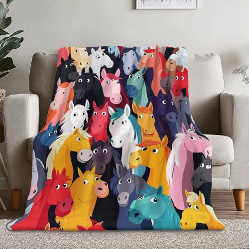 Kuscheldecke Erwachsene 3D Farbe Flanelldecke Sherpa Fleecedecke Erwachsene 130 x 150 cm Weiche Microfaser Warmer Wohndecke Cartoon-Stil Tier Pferd Motiv leichte und warme Wohndecke