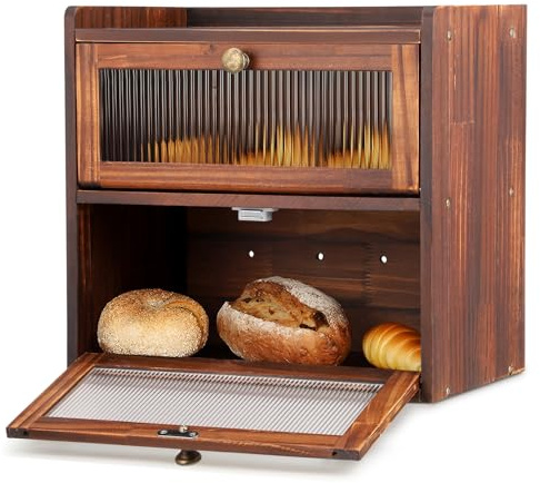 Wooden Bread Bin with 2 Levels for Kitchen Countertop, Large Bread Box Bread Storage Container with Wood Handle Clear Windows Keep Fresh Bread, Breadbox Storage for Bread, Coffee, Spices (2)