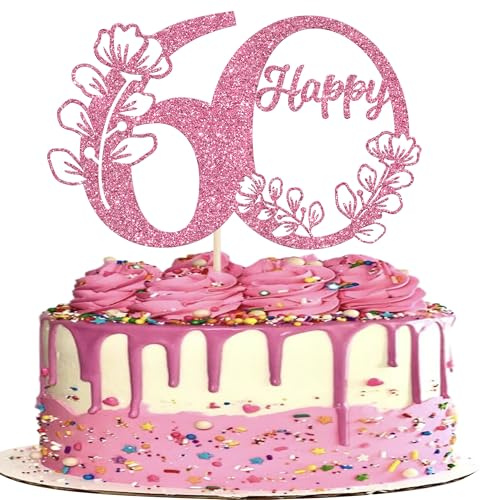 Xsstarmi 1 Pack Happy 60th Birthday Cake Topper Pink Glitter 60 Cake Pick Cheers to 60 Birthday Cake Decorations for Happy 60th Anniversary Party Cake Decoration Supplies