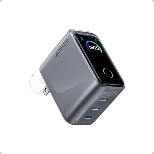 Anker Prime Charger,160W 3-Port Compact GaN USB C Charger,Smart Display and Touch Control,Up to 140W Single‑Port Fast Charging,for MacBook Pro,Laptop,iPhone 17 Series(Cable Not Included,Non-Battery)