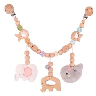 Ueiwffzo Kinderwagenkette aus Holz für Babys, Kinderwagenspielzeug Niedliche Tierform, Regenbogen Wolken Sterne Babyspielzeug Kinderwagen für Mädchen Junge Geschenke (Elefanten)