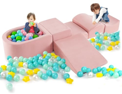 FANTASK 5 TLG. Kinder Softplay-Set, Schaumstoffbausteine mit Bällebad, Riesenbausteine zum Toben und Klettern, Schaumstoff Bausteine für Spielzimmer, Kinderzimmer (Rosa)
