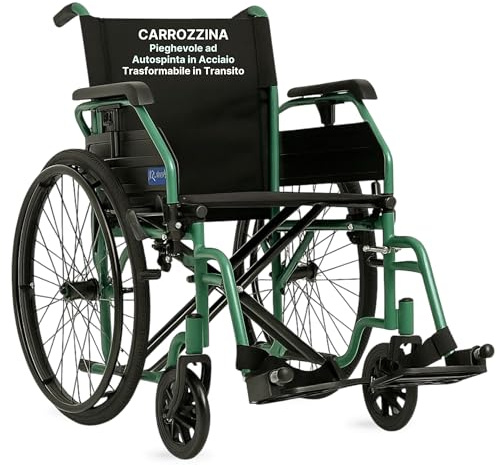 REMEDIA ONE Sedia a Rotelle Pieghevole Leggera ad Autospinta, 46 cm, Verde | Carrozzina per Disabili in Acciaio, Crociera Doppia, Ruote a Sgancio Rapido, Braccioli Regolabili, Trasformabile in Transito