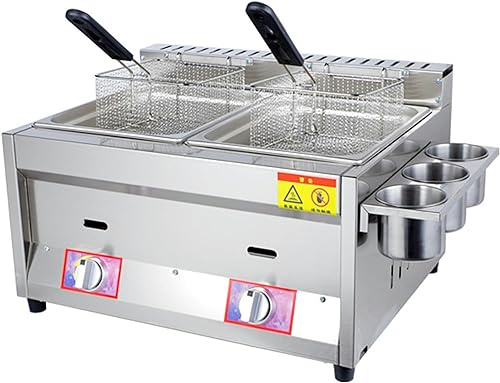 HPTHLY Friteuse À Gaz Professionnelle À 2 Cuves, Friteuse Professionnelle en Acier Inoxydable, Friteuse Au Propane, Chauffe-Plats, Cuiseur Vapeur, avec Paniers Et Couv
