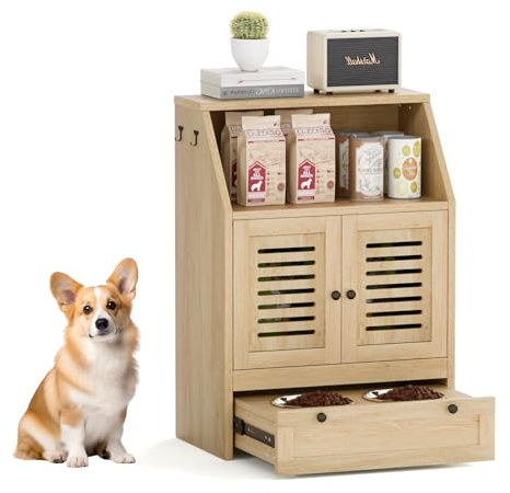 Skokliz Pet Feeding Station with 2 Elevated Bowls, Dog Food Storage Organizers and Storage Cabinet with 3 Hangers, Pet Feeder Station, Hidden Pet Storage Cabinet for Food and Water