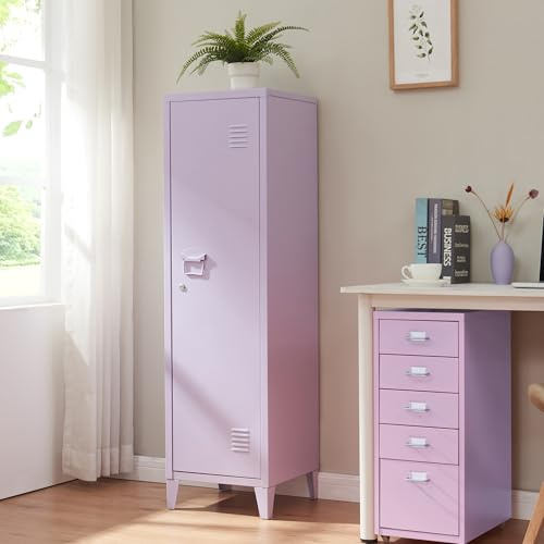 [en.casa] Enkelhylla Kurikka metallhylla med 2 hyllor 137 x 38 x 38 cm låsbart skåp metallskåp garderob garderob lila
