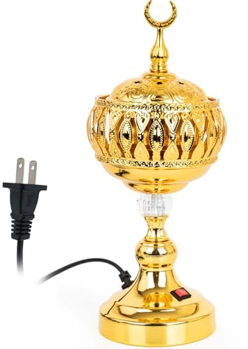 Xisakaca Golden Electric Incense Burner, Arabian Style Frankensense Electric Incense Holder with US Plug, Middle Eastern Tabletop Decorative Censer for Yoga Spa Home Office Christian Church Decor