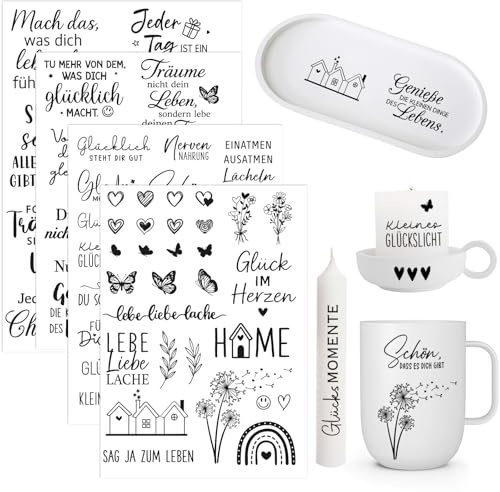 COMOOKA 4 Blatt Tattoos Sprüche Wasserschiebefolie Sticker Kerzentattoos Schriftzug für DIY Glas Keramik Zuhause Mutmacher Geschenke für Frauen Freundin Familie Party Deko Einzugsgeschenk Wohnung Haus