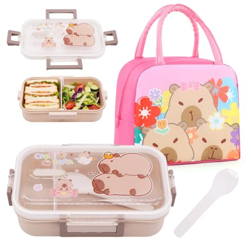 FCXVXCL Capybara Insulated Bag 2PCS Leakproof Bento Box Set Bento Box Set with Lunch Bag Cartoon Lunch Container Easy to Clean All Reusable for Student Office School Picnic