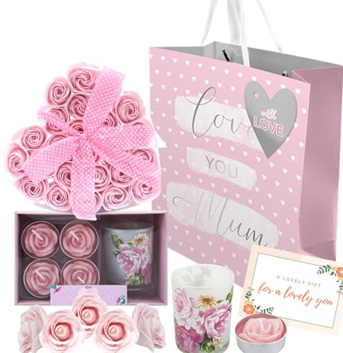 Gift for Mum - 24 Pink Rose Soap Flower Heart Box, Votive Candle Gift Set, Gift Bag and Card – Bath Gifts Set for Mummy, Pamper Hamper for Mum, Wife, Grandma, Birthday Gifts