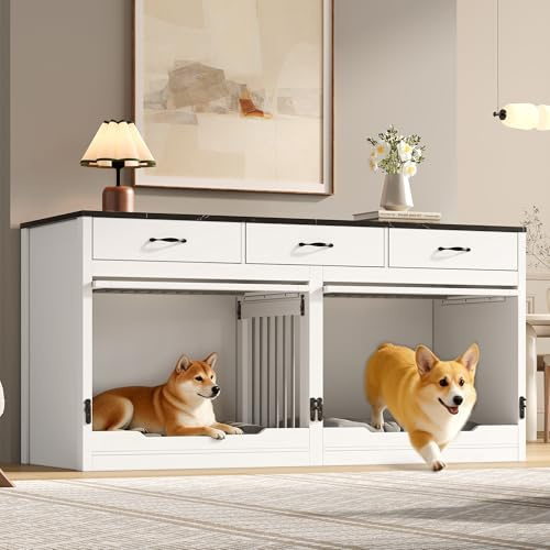 Holz-Metall-Möbel-Hundekäfig, Hundekäfig, für 2 Hunde, Innen-Hundehütte, Klappdeckel, abnehmbare Trennwand, 3 Schubladen, XXL, 164×60×81cm (Weiß +Schwarz)