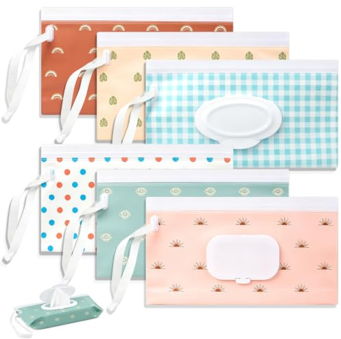 YinnFeen 6 Piezas Bolsa de Toallitas Húmedas, Multicolor Dispensador de Toallita Húmeda, Bolsas para Toallitas Húmedas de EVA Reutilizables con Asa para Viajes y Coche