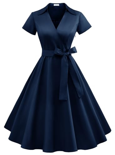 Timormode Vestido Vintage Mujer Vestido Rockabilly con Escote en V Manga Corta y Cinturón Desmontable para Bodas & Fiestas & Casual TM10084Navy 2XL
