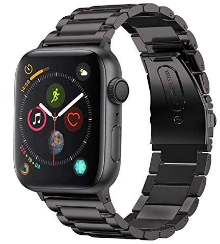 MroTech kompatibel med iWatch rem 38 mm 40 mm klockarmband serie 1/2/3/4/5/6/SE massivt rostfritt stål band länkarmband fällbart spänne handledsrem ersättning för iWatch 38 mm 40 mm alla serier (svart)