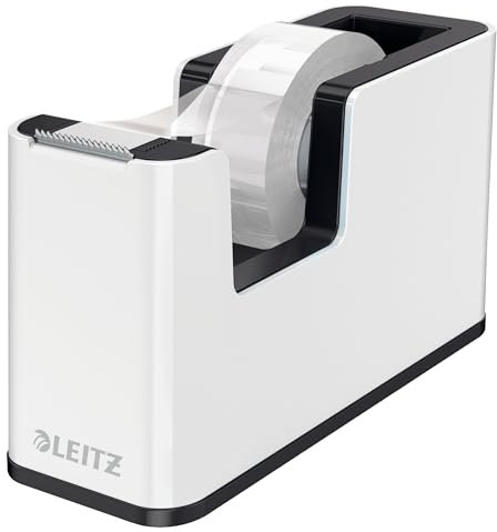 Leitz Dispensador de Cinta Adhesiva, Base Pesada, Cinta Adhesiva, Gama WOW, Blanco Perla/Negro