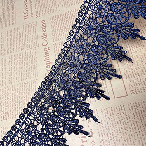Ajuste de encaje de bordado inelástico con Patrón de Chips en 8cm de ancho Cortina, Manteles, Funda que se puede quitar, Ropa de bricolaje nupcial/Accesorios (2 yardas en un paquete) (azul marino)