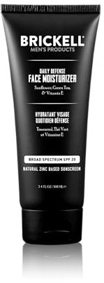 Brickell Men's Daily Defense Face Moisturizer for Men, Natural and Organic, Zinc SPF20 Face Moisturizing Sunscreen, Hydrates and Protects Skin Against Harmful UVA/B rays, 100 ml, Unscented