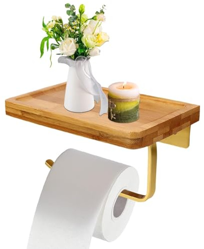 Toilettenpapierhalter, Wandhalter mit dem Ggräumigen Regal,, Holz Gold Toilettenpapierhalter Wand montiert Home Decor Zubehör für Küche und Bad