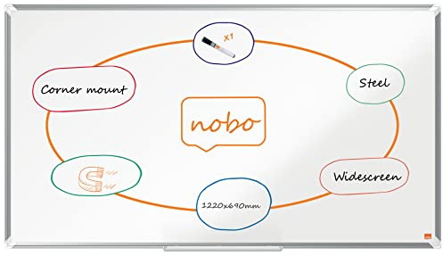 Nobo Tableau Blanc Acier Magnétique à Écran Large, 1220x690mm, Cadre Aluminium, Montage Mural par les Coins, Porte-Marqueur Inclus, Premium Plus, Blanc, 1915372