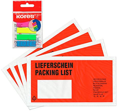 WPTrading - 1.000 x Lieferscheintaschen 225 x 120 mm in DIN-LANG Rot Lieferschein inkl. 125 Page-Marker in 5 Farben - Dokumenten-Taschen selbstklebend - Begleitpapiertaschen für Versanddokumente