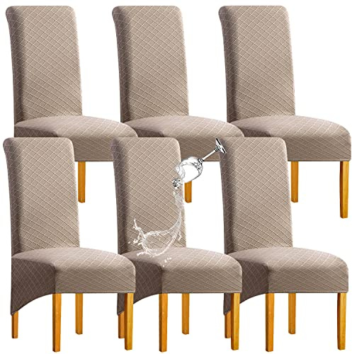 SHENGYIJING 1/2/4/6 Uds. Cubierta de Silla XL Resistente al Agua elástica de látex de Diamante para Comedor, Cubierta de Silla de Comedor Grande de Respaldo Alto de Spandex(Caqui, Juego de 6)