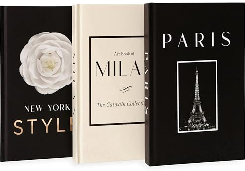 Dekorativa böcker för heminredning, soffbordsdekor – Milano/New York/Paris bokdekor – modedesign bok set med 3 – journal bokhylla dekorationer för vardagsrum – inbunden, svart/vit/beige